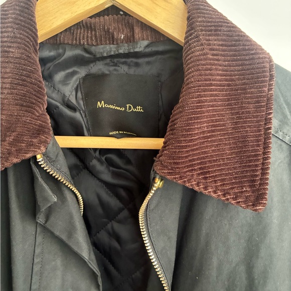 Massimo Dutti Black Utility Trench Field Jacket with Brown Corduroy Collar - Picture 3 of 5